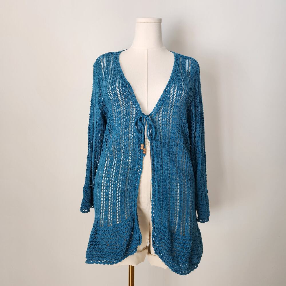 Vintage Y2K Teal Crochet Knit Open Front Tie Cardigan 3/4 Sleeve Boho Choices XL